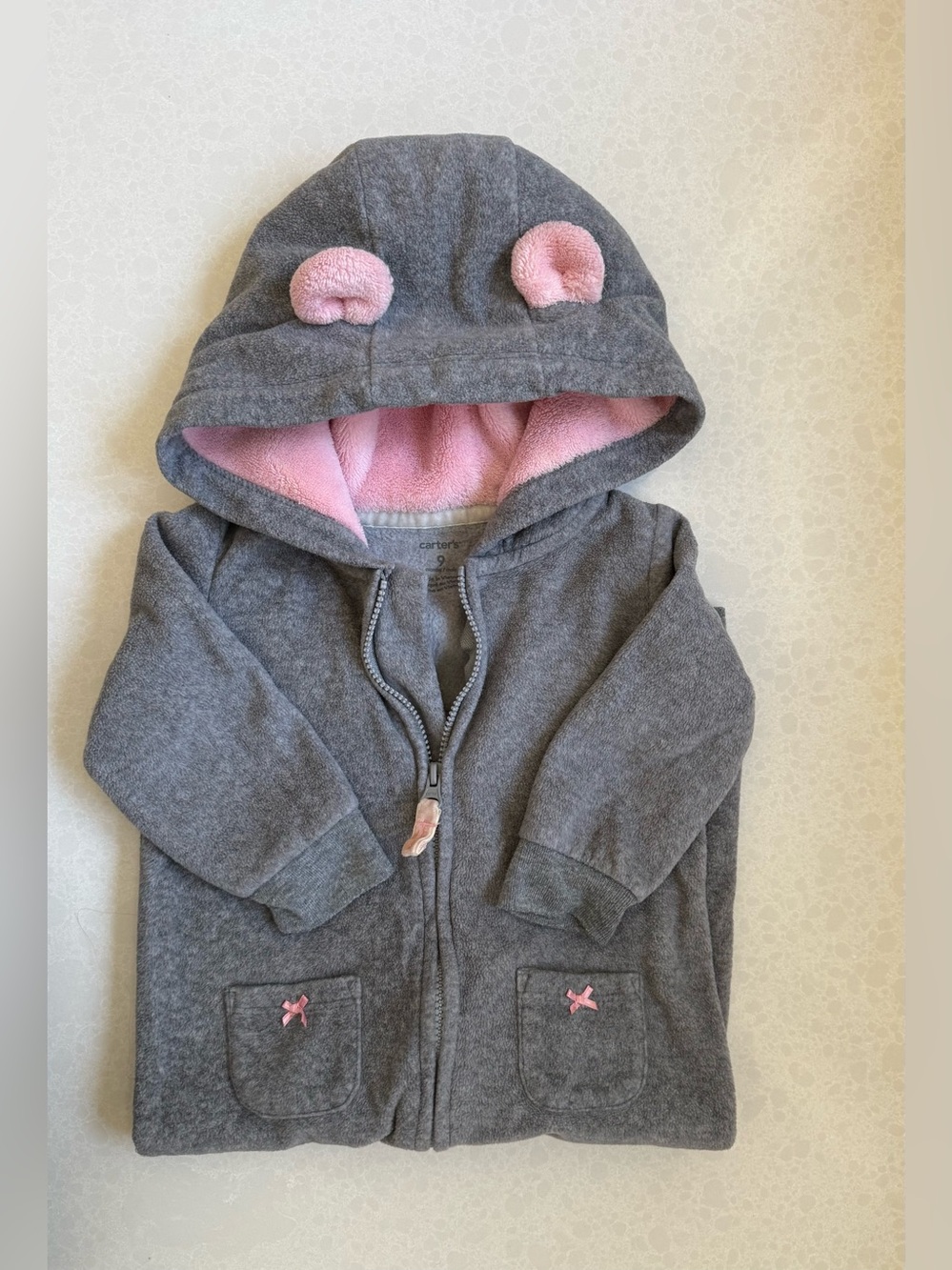Carter's Gray fleece onesie with Pink Lining and Ears/ mouse on back